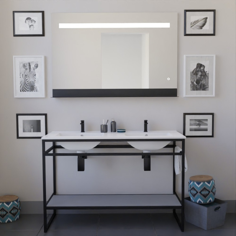Meuble STRUCTURA 120 cm en inox noir, étagère ouverte grise, plan double vasque céramique, miroir ETAL 120x80 cm Meuble STRUCTURA 120 cm en inox noir, étagère ouverte grise, plan double vasque céramique, miroir ETAL 120x80 cm