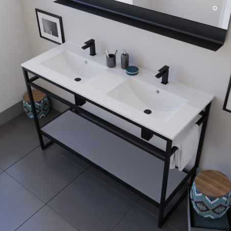 Meuble STRUCTURA 120 cm en inox noir, étagère ouverte grise, plan double vasque céramique, miroir ETAL 120x80 cm
