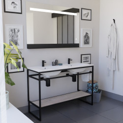 Meuble STRUCTURA 120 cm en inox noir, étagère ouverte bois, plan double vasque céramique, miroir ETAL 120x80 cm