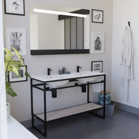 Meuble STRUCTURA 120 cm en inox noir, étagère ouverte bois, plan double vasque céramique, miroir ETAL 120x80 cm