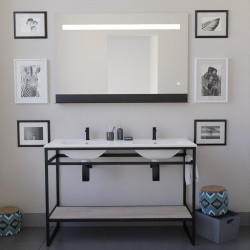 Meuble STRUCTURA 120 cm en inox noir, étagère ouverte bois, plan double vasque céramique, miroir ETAL 120x80 cm