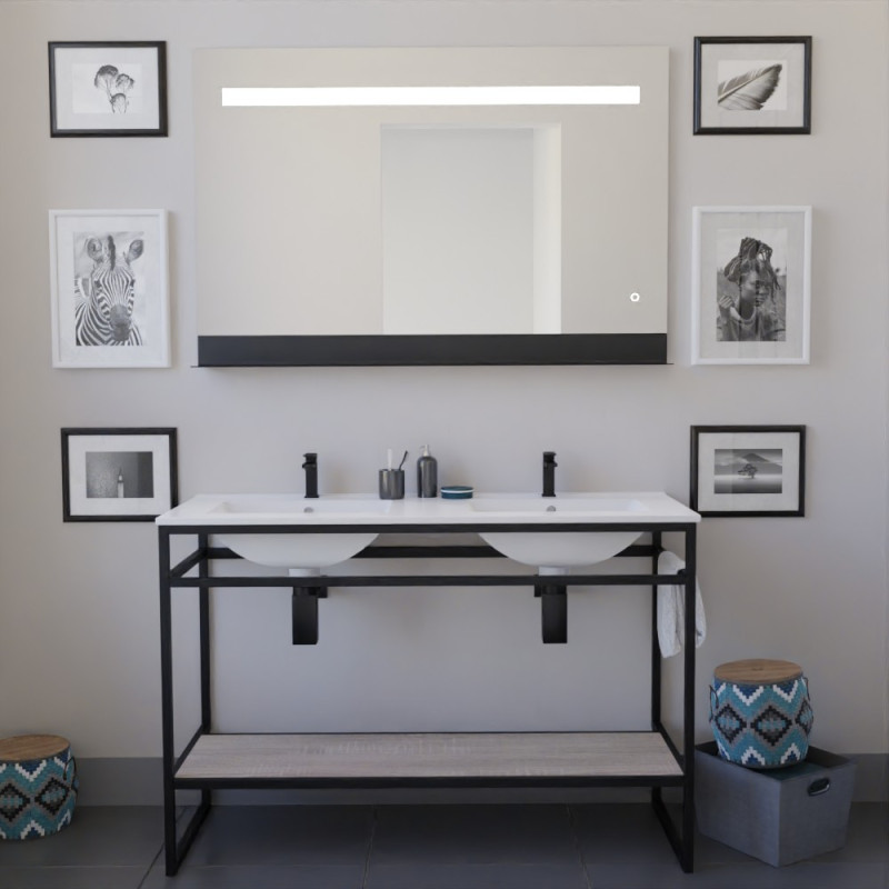 Meuble STRUCTURA 120 cm en inox noir, étagère ouverte bois, plan double vasque céramique, miroir ETAL 120x80 cm Meuble STRUCTURA 120 cm en inox noir, étagère ouverte bois, plan double vasque céramique, miroir ETAL 120x80 cm
