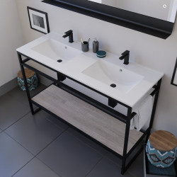 Meuble STRUCTURA 120 cm en inox noir, étagère ouverte bois, plan double vasque céramique, miroir ETAL 120x80 cm
