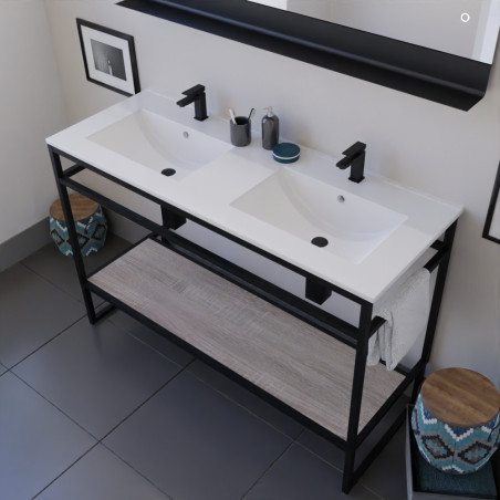 Meuble STRUCTURA 120 cm en inox noir, étagère ouverte bois, plan double vasque céramique, miroir ETAL 120x80 cm