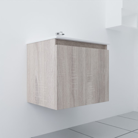 Meuble salle de bain suspendu 60 cm PROLINE coloris bois avec plan vasque en céramique
