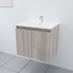 Meuble salle de bain suspendu 60 cm PROLINE coloris bois avec plan vasque en céramique