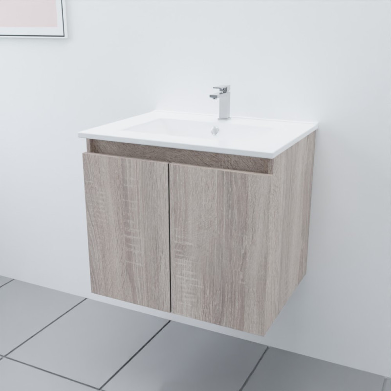 Meuble salle de bain suspendu 60 cm PROLINE coloris bois avec plan vasque en céramique Meuble salle de bain suspendu 60 cm PROLINE coloris bois avec plan vasque en céramique