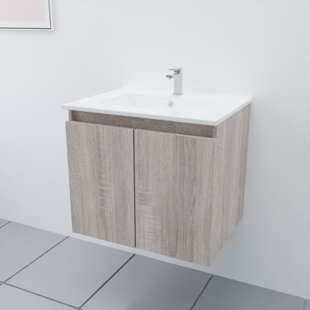 Meuble salle de bain suspendu 60 cm PROLINE coloris bois avec plan vasque en céramique