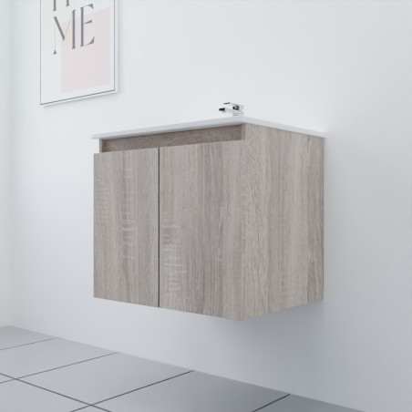 Meuble salle de bain suspendu 60 cm PROLINE coloris bois avec plan vasque en céramique