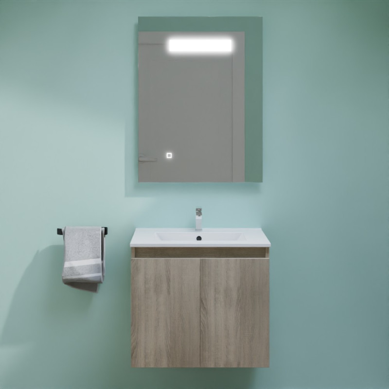 Meuble PROLINE 60 cm avec plan vasque en céramique et miroir LED Elégance - Coloris bois Meuble PROLINE 60 cm avec plan vasque en céramique et miroir LED Elégance - Coloris bois