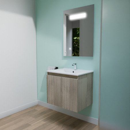 Meuble PROLINE 60 cm avec plan vasque en céramique et miroir LED Elégance - Coloris bois