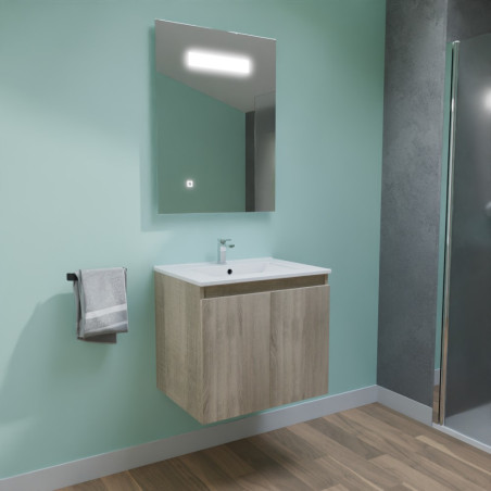 Meuble PROLINE 60 cm avec plan vasque en céramique et miroir LED Elégance - Coloris bois