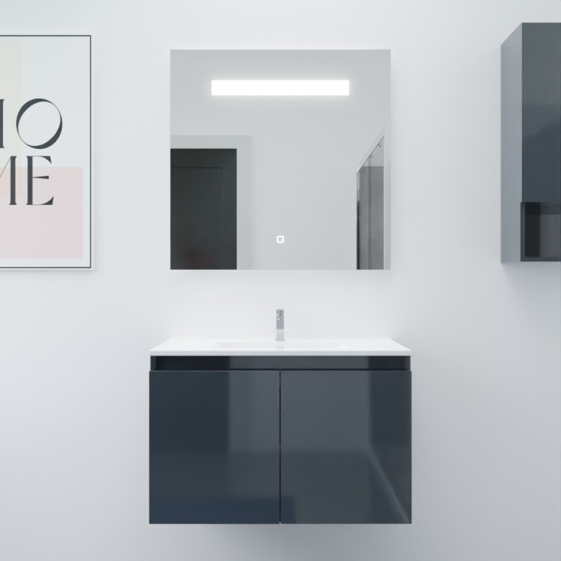 Meuble salle de bain suspendu 80 cm avec porte pivotante avec plan vasque en céramique PROLINE et miroir Elégance ht80 - Gris an Meuble salle de bain suspendu 80 cm avec porte pivotante avec plan vasque en céramique PROLINE et miroir Elégance ht80 - Gris an