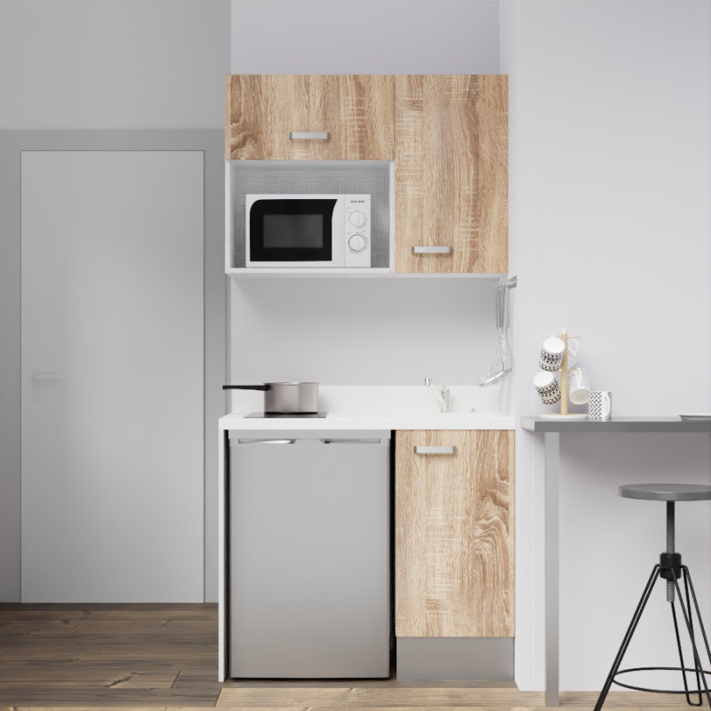 Kitchenette K00 - 100 cm - meubles chêne, plan monobloc blanc avec évier à droite Kitchenette K00 - 100 cm - meubles chêne, plan monobloc blanc avec évier à droite