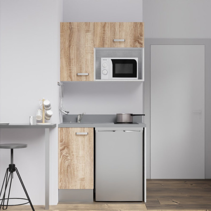 Kitchenette K00 - 100 cm - meubles chêne, plan monobloc gris avec évier à gauche Kitchenette K00 - 100 cm - meubles chêne, plan monobloc gris avec évier à gauche