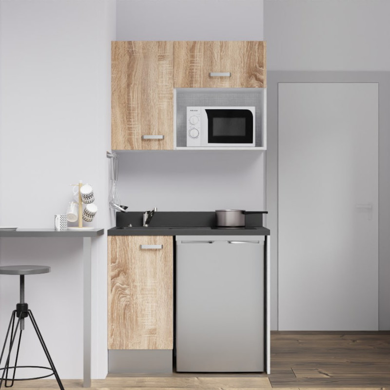Kitchenette K00 - 100 cm - meubles chêne, plan monobloc noir avec évier à gauche Kitchenette K00 - 100 cm - meubles chêne, plan monobloc noir avec évier à gauche