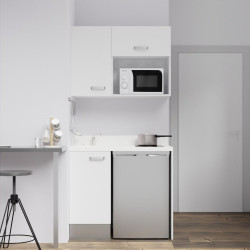 Kitchenette K00 - 100 cm - meubles blanc, plan monobloc blanc avec évier à gauche