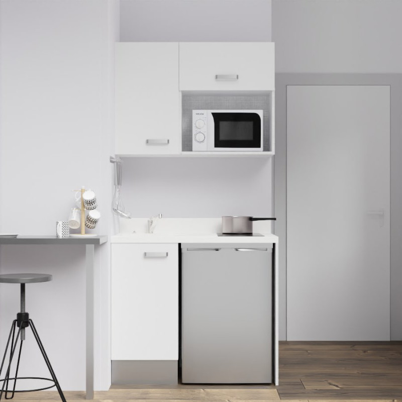 Kitchenette K00 - 100 cm - meubles blanc, plan monobloc blanc avec évier à gauche Kitchenette K00 - 100 cm - meubles blanc, plan monobloc blanc avec évier à gauche