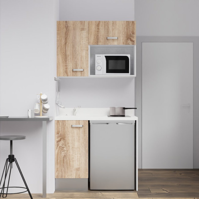 Kitchenette K00 - 100 cm - meubles chêne, plan monobloc blanc avec évier à gauche Kitchenette K00 - 100 cm - meubles chêne, plan monobloc blanc avec évier à gauche