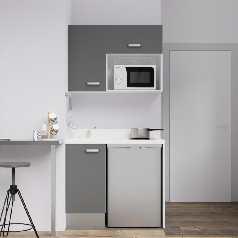 Kitchenette K00 - 100 cm - meubles gris, plan monobloc blanc avec évier à gauche Kitchenette K00 - 100 cm - meubles gris, plan monobloc blanc avec évier à gauche