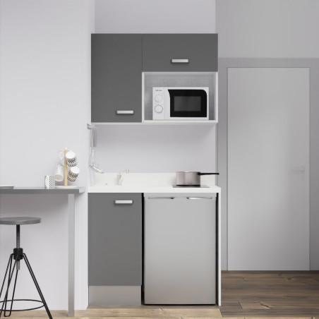 Kitchenette K00 - 100 cm - meubles gris, plan monobloc blanc avec évier à gauche
