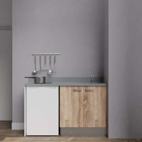 Kitchenette K17 - 140 cm avec plan monobloc évier intégré gris, meuble façade en coloris bois et emplacement frigo top
