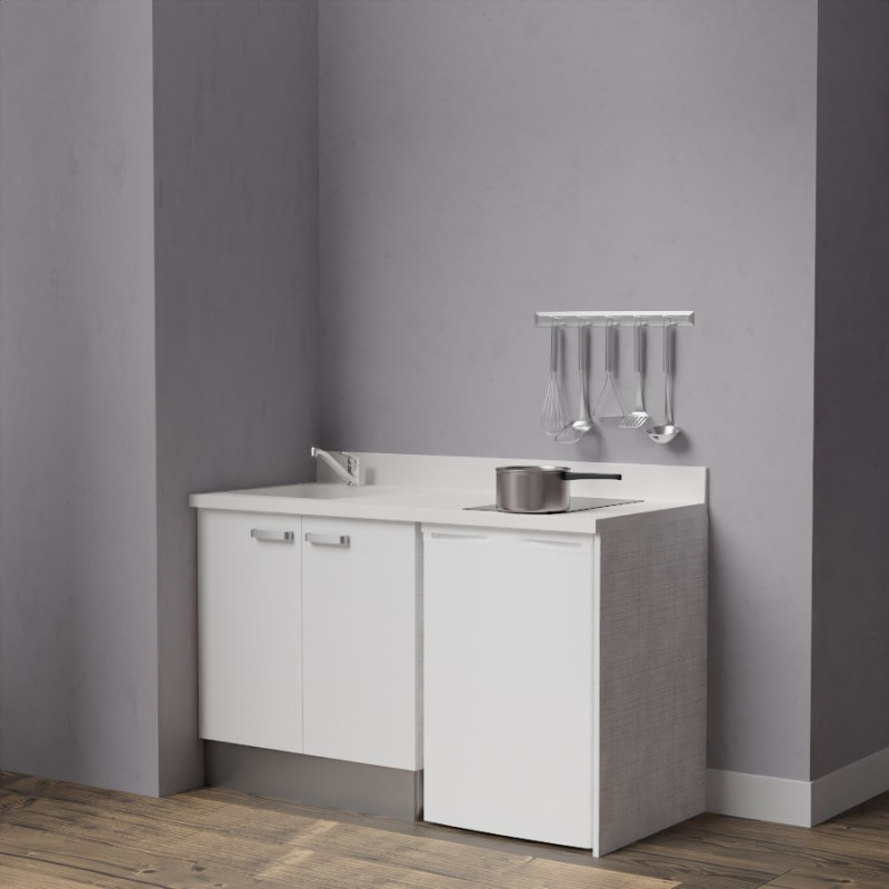 Kitchenette K17 - 140 cm avec plan monobloc évier intégré blanc, meuble façade en coloris blanc et emplacement frigo top Kitchenette K17 - 140 cm avec plan monobloc évier intégré blanc, meuble façade en coloris blanc et emplacement frigo top