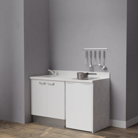 Kitchenette K17 - 140 cm avec plan monobloc évier intégré blanc, meuble façade en coloris blanc et emplacement frigo top