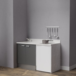 Kitchenette K17 - 140 cm avec plan monobloc évier intégré blanc, meuble façade en coloris gris et emplacement frigo top