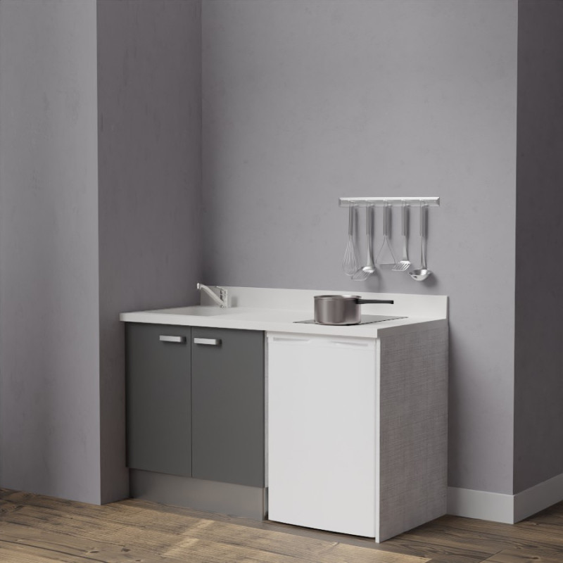 Kitchenette K17 - 140 cm avec plan monobloc évier intégré blanc, meuble façade en coloris gris et emplacement frigo top Kitchenette K17 - 140 cm avec plan monobloc évier intégré blanc, meuble façade en coloris gris et emplacement frigo top