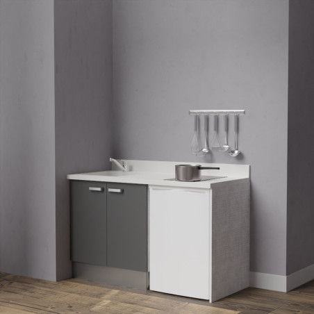 Kitchenette K17 - 140 cm avec plan monobloc évier intégré blanc, meuble façade en coloris gris et emplacement frigo top