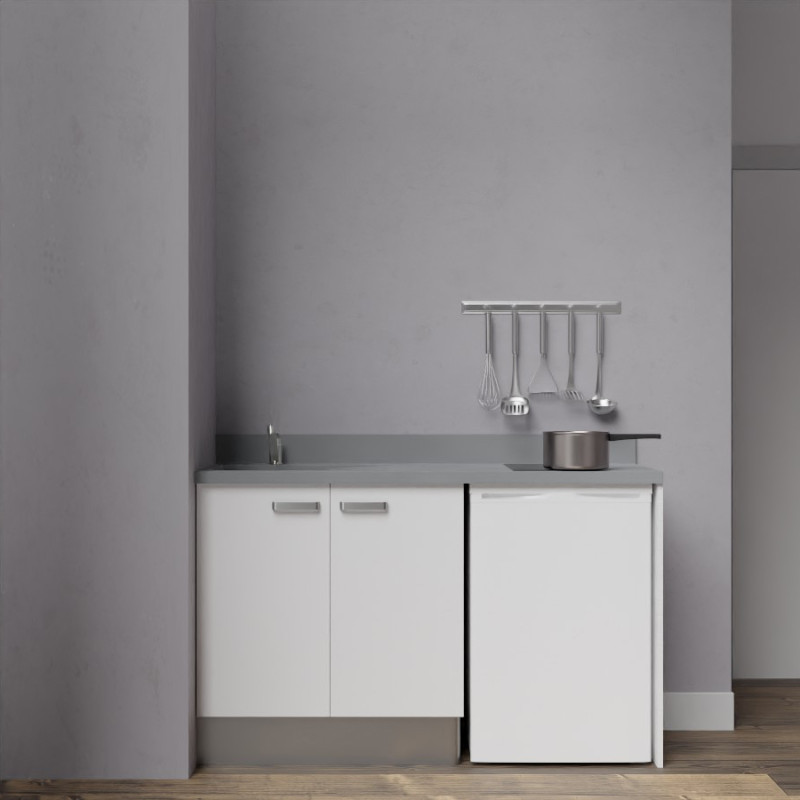 Kitchenette K17 - 140 cm avec plan monobloc évier intégré gris, meuble façade en coloris blanc et emplacement frigo top Kitchenette K17 - 140 cm avec plan monobloc évier intégré gris, meuble façade en coloris blanc et emplacement frigo top
