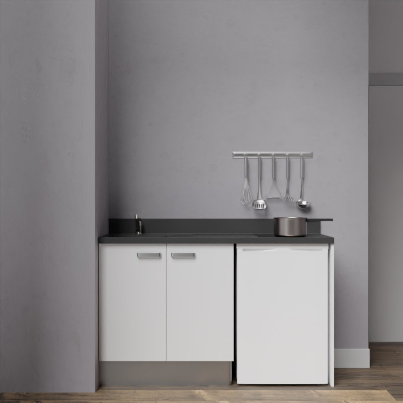 Kitchenette K17 - 140 cm avec plan monobloc évier intégré noir, meuble façade en coloris blanc et emplacement frigo top Kitchenette K17 - 140 cm avec plan monobloc évier intégré noir, meuble façade en coloris blanc et emplacement frigo top