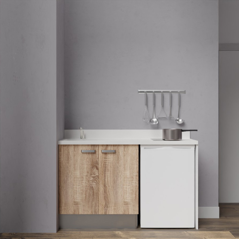 Kitchenette K17 - 140 cm avec plan monobloc évier intégré blanc, meuble façade en coloris bois et emplacement frigo top Kitchenette K17 - 140 cm avec plan monobloc évier intégré blanc, meuble façade en coloris bois et emplacement frigo top