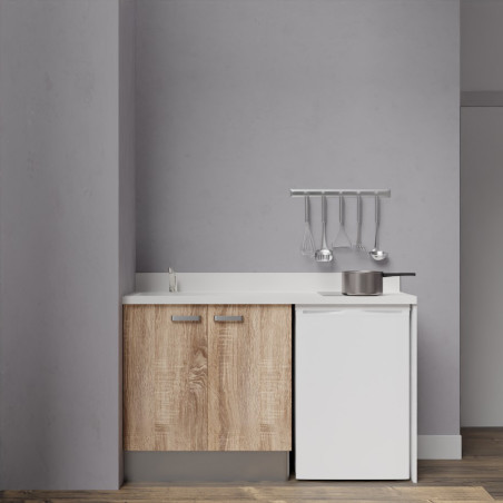 Kitchenette K17 - 140 cm avec plan monobloc évier intégré blanc, meuble façade en coloris bois et emplacement frigo top