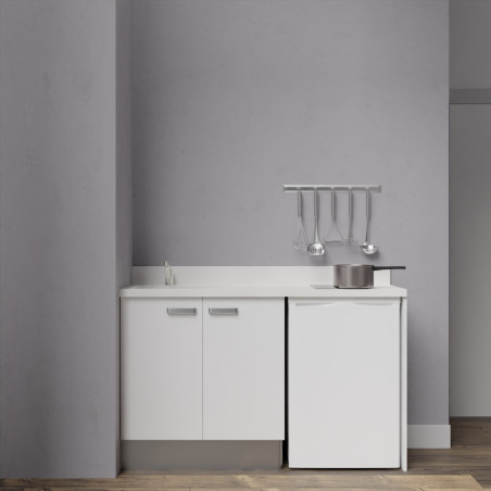 Kitchenette K17 - 140 cm avec plan monobloc évier intégré blanc, meuble façade en coloris blanc et emplacement frigo top