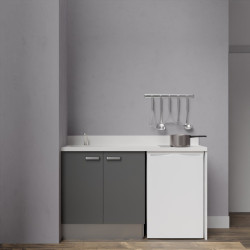 Kitchenette K17 - 140 cm avec plan monobloc évier intégré blanc, meuble façade en coloris gris et emplacement frigo top