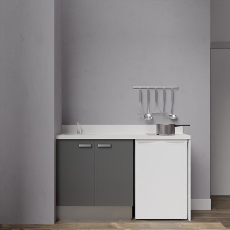 Kitchenette K17 - 140 cm avec plan monobloc évier intégré blanc, meuble façade en coloris gris et emplacement frigo top