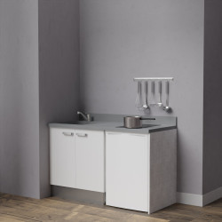 Kitchenette K17 - 140 cm avec plan monobloc évier intégré gris, meuble façade en coloris blanc et emplacement frigo top