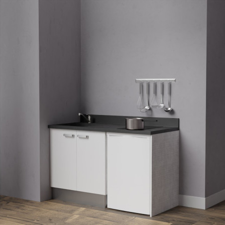 Kitchenette K17 - 140 cm avec plan monobloc évier intégré noir, meuble façade en coloris blanc et emplacement frigo top