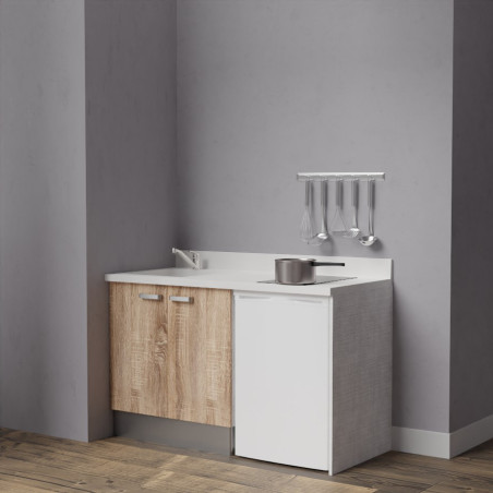 Kitchenette K17 - 140 cm avec plan monobloc évier intégré blanc, meuble façade en coloris bois et emplacement frigo top