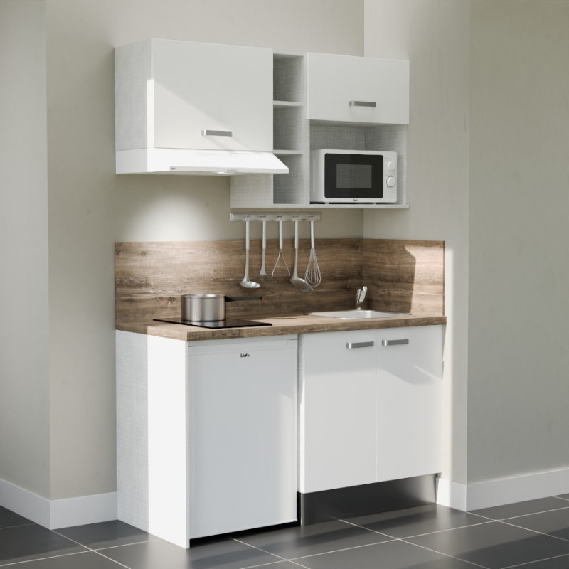 Kitchenette 140 cm modèle K13L-PT - façades blanches, plan de travail et crédences bois, évier inox Kitchenette 140 cm modèle K13L-PT - façades blanches, plan de travail et crédences bois, évier inox