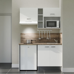 Kitchenette 140 cm modèle K13L-PT - façades blanches, plan de travail et crédences bois, évier inox