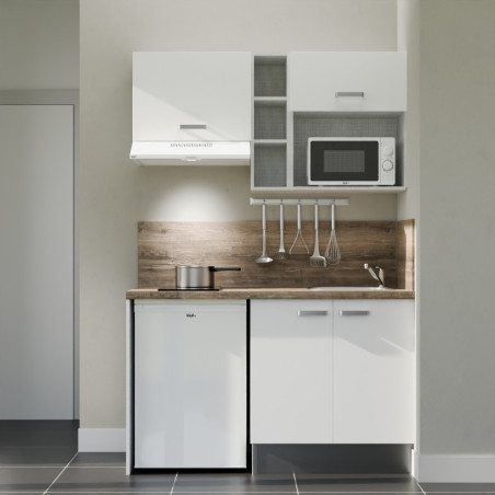 Kitchenette 140 cm modèle K13L-PT - façades blanches, plan de travail et crédences bois, évier inox