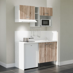 Kitchenette 140 cm modèle K13L-PT - façades bois, plan de travail et crédences blanc, évier inox