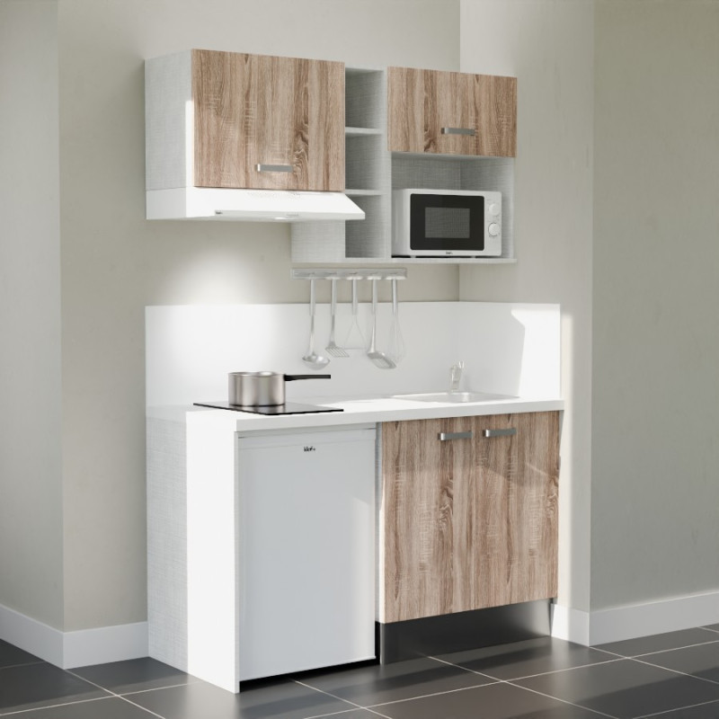 Kitchenette 140 cm modèle K13L-PT - façades bois, plan de travail et crédences blanc, évier inox Kitchenette 140 cm modèle K13L-PT - façades bois, plan de travail et crédences blanc, évier inox