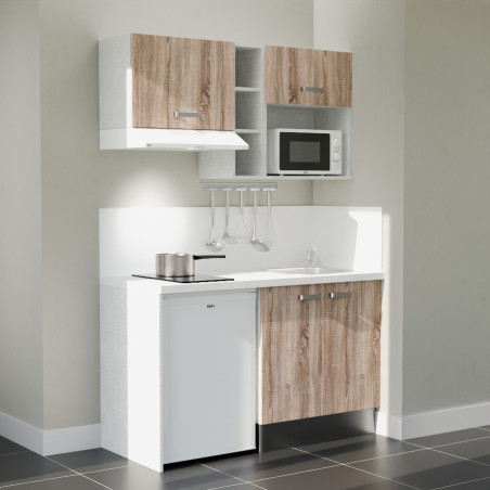 Kitchenette 140 cm modèle K13L-PT - façades bois, plan de travail et crédences blanc, évier inox