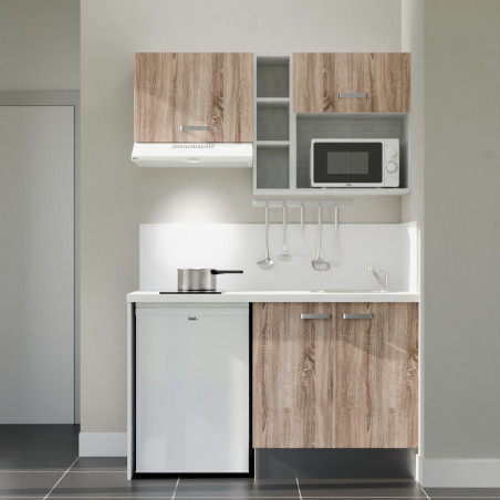 Kitchenette 140 cm modèle K13L-PT - façades bois, plan de travail et crédences blanc, évier inox