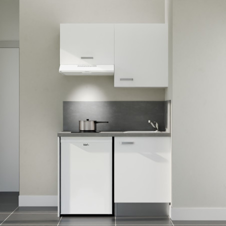 Kitchenette K01L-PT 120 cm avec plan de travail et crédences gris béton, évier inox, façades de meuble blanches
