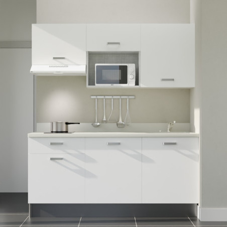 Kitchenette K30L équipée avec électroménager blanc inclus - façades blanches, plan travail blanc évier à droite